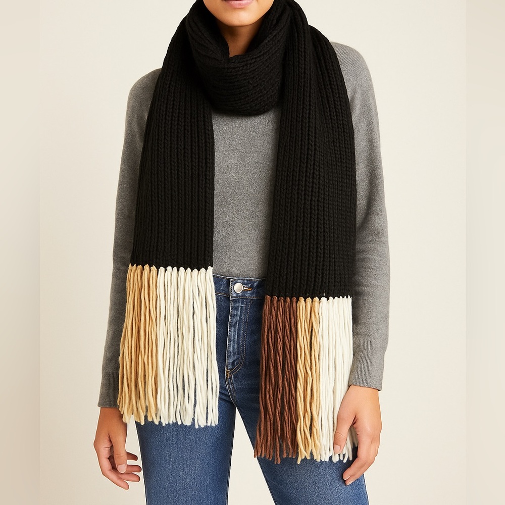 NWOT Anthropologie Chunky Knit Scarf Black with Multicolor Fringe